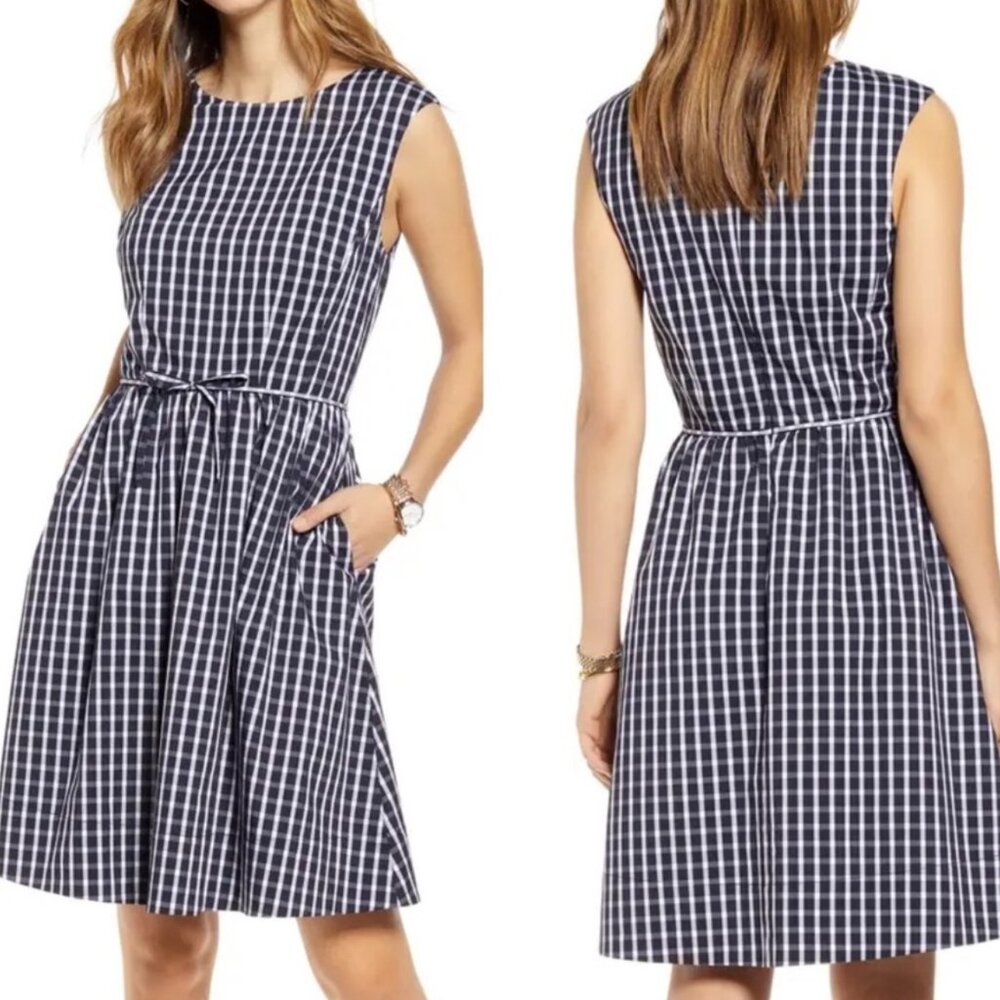 EUC Women's 1901 Gingham Plaid Fit & Flare Sleeveless Dress w/Pockets | Size 4P